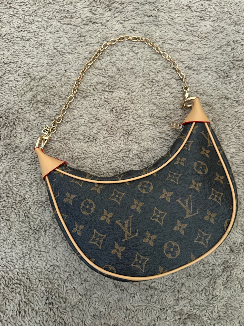 Monogram Crescent Mini Shoulder Bag in Brown with Gold Chain